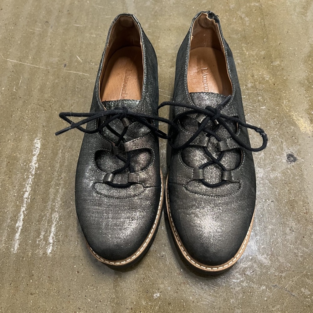 L'Amour Des Pieds Womens Metallic‎ Pewter Silver Platform Wedge Oxfords Shoes